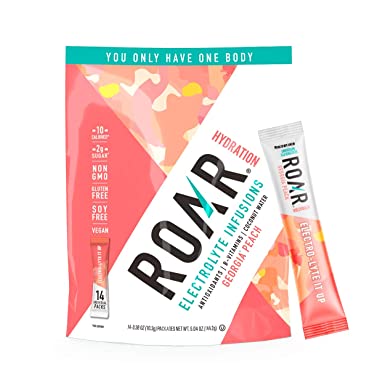 ROAR Electrolyte Infusions Powder Sticks, Healthy Hydration and Hangover Cure, Georgia Peach, Pack of 14 Sticks