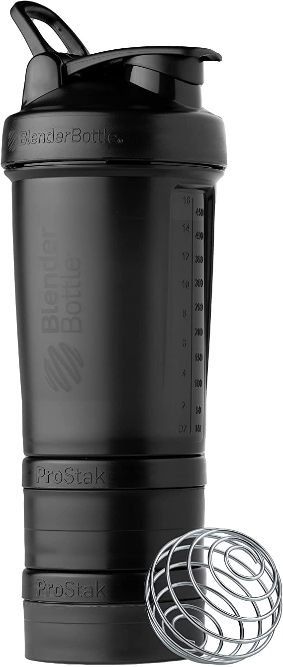 BlenderBottle Shaker Bottle with Pill Organizer and Storage for Protein Powder, ProStak System, 22-Ounce, Midnight Black