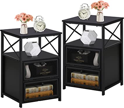 VECELO Modern Night Stand, End Side Table with Storage Space and Door, Nightstands with Flip Drawers for Living Room,Bedroom,Lounge,Set of 2, Antique Black