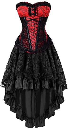 KILLREAL Women's Halloween Party Masquerade Brocade Lace Gothic Corset Skirt Set