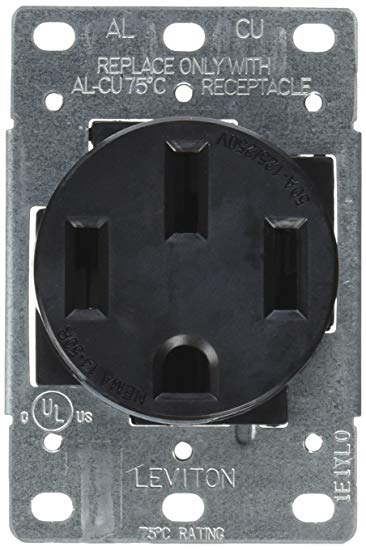 Leviton 279-S00 50 Amp, 125/250V, Nema 14-50R, 3P, 4W, Flush Mounting Receptacle, Straight Blade, Industrial Grade, Grounding, Side Wired, Steel Strap, Black