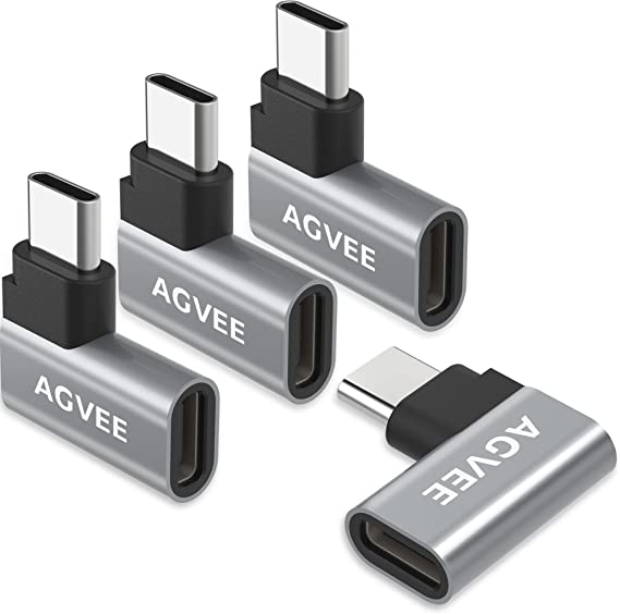AGVEE [4 Pack] 90 Degree Right Angled USB-C Male to USB-C Female Adapter (Type-C 3.2 Gen 2) Converter Video Type-C 10G Data Extension Coupler Connector, Gray