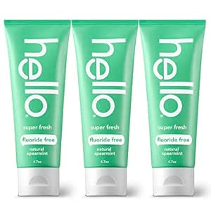 Hello Super Fresh Whitening Toothpaste, Fluoride Free Toothpaste with Natural Spearmint and Coconut Oil, Vegan, No Peroxide, No Fluoride, No Dyes, Gluten Free, BPA Free, 3 Pack, 4.7 OZ Tubes