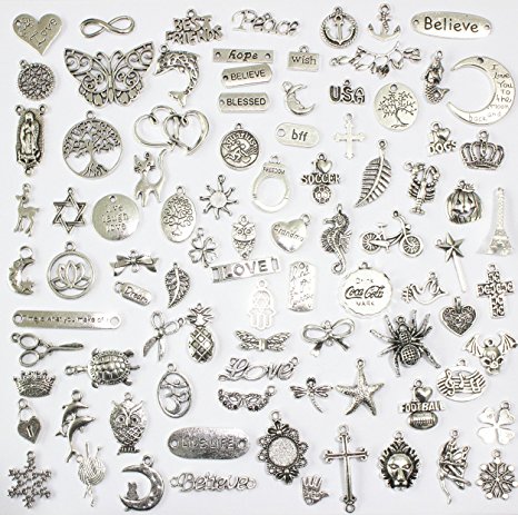 100 Mix No Repeated Silver Pewter Charms Pendants Mega Mix DIY for Jewelry Making and Crafting Same As Photo