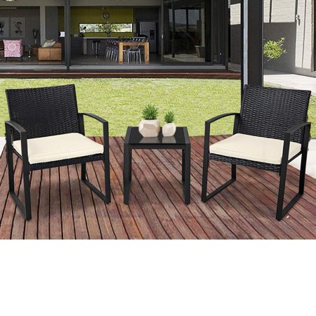 SUNCROWN Outdoor Furniture 3 Piece Patio Bistro Set Black Wicker Chairs and Glass Top Coffee Table, Beige-White Cushion