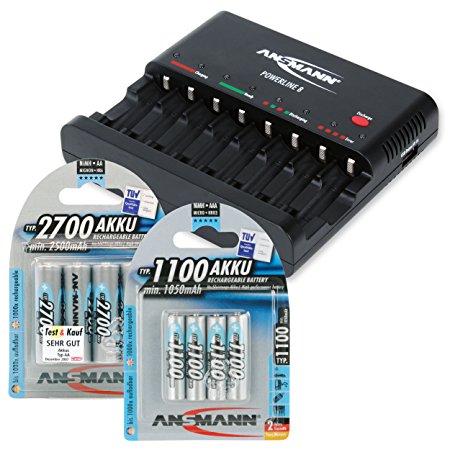 ANSMANN Powerline 8 AAA & AA Smart Battery Charger for AAA, AA Rechargeable Battery w. Discharge function and USB-Port (e.g. for iPhone, Android)