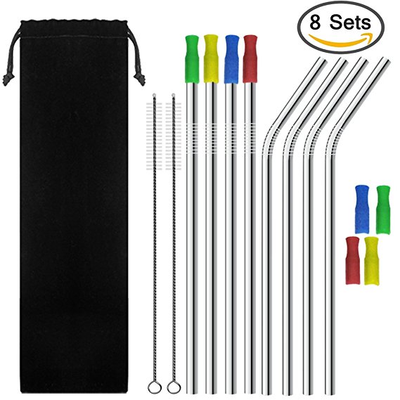 Set of 8 Stainless Steel Straws FDA-Approved Ultra Long 10.5" Drinking Metal Straws, DaKuan 19 pcs of Drink Straws with Brushes and Tips Cover For 20 / 30oz Stainless Tumblers Rumblers