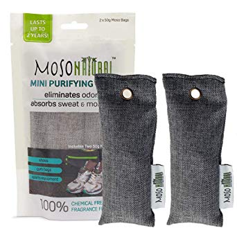 Moso Natural 2 Pack Mini Air Purifying Bags Shoe Deodorizer, Odor Absorber Eliminator Shoes, Gym Bags Sports Gear Charcoal Color