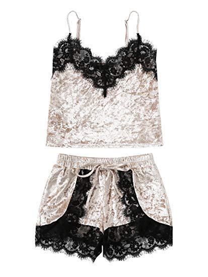 DIDK Women's Lace Trim Velvet Bralette and Shorts Pajama Set