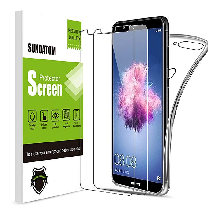 Sundatom Huawei P Smart Glass Screen Protector, [2 Pack] Tempered Glass Protective Film with Clear Phone Case [Shock-Proof] [Anti-Scratch] [ Anti-Shatter] For Huawei P Smart