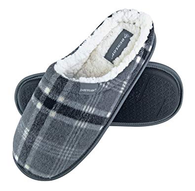 Dunlop - Mens Warm Plush Fleece Lined Slip On Mule Checked Plaid House Slippers