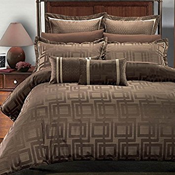 Deluxe & Rich contemporary Jacquard design in warm stylish tones Janet Comforter Set, Elegant and Contemporary bedding, 8 piece King / California King Size Comforter Set, charcoal brown and beige