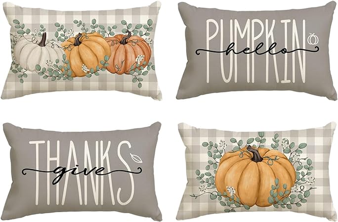 AVOIN colorlife Hello Pumpkin Give Thanks Throw Pillow Covers 12x20 Set of 4, Aqua Fall Autumn Thanksgiving Eucalyptus Leaves Harvest Decoration for Home, Grey