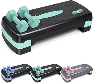 Aerobic Stepper Set with Dumbbells & Measuring Tape, Adjustable Height 2 Level Risers Workout Exercise Step Platform, 3 Colors, the Ultimate Gift for a Joyful Holiday and Merry Christmas