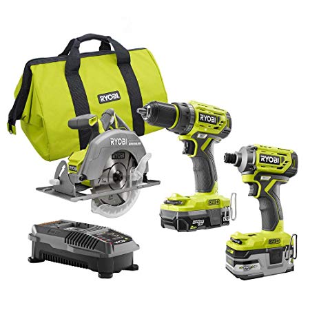 Ryobi P1837 18V One  Cordless Brushless 3 Tool Combo Contractor Kit (9 pieces: Drill/Driver, Impact Driver, Circular Saw, 7-1/4 in Blade, Blade Wrench, Charger, 2.0 & 3.0 Ah Batteries, Bag)