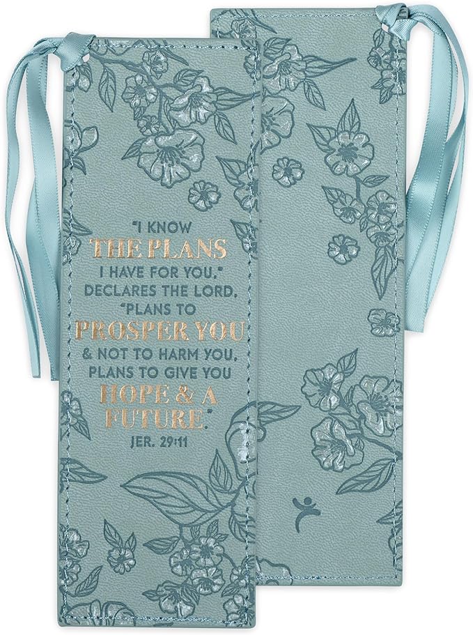 Christian Art Gifts Faux Leather Bookmark: I Know The Plans I Have for You - Jeremiah 29:11 Inspirational Bible Verse, Teal with Satin Ribbon