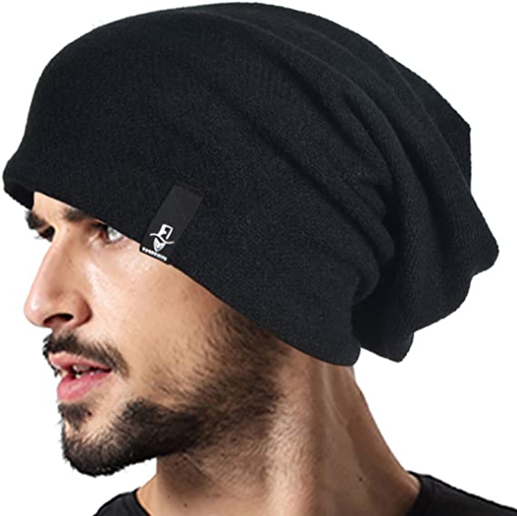 VECRY Men's Cotton Black Beanie - Slouch Skullcap Long Baggy Winter Summer Hat