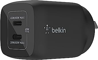 Belkin 65W Dual USB Type C Wall Charger, Fast Charging Power Delivery 3.0 with GaN Technology for iPhone 13, 12, Pro, Pro Max, Mini, iPad Pro 12.9, 11, MacBook, Galaxy S22, Plus, Ultra, Tab and More