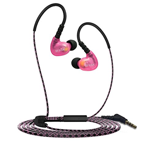 Besign SP02 Wired Earphones, 3.5mm Stereo Sports Running Earbuds, Headsets, Headphones With Mic and Remote Control for Smartphones, Tablets, Mp3 Players (Pink)