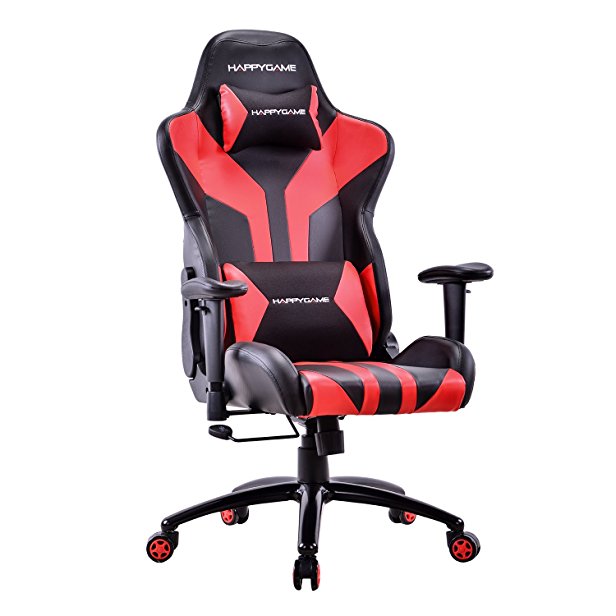 HAPPYGAME Gaming Chair High Back Racing Chair - E-Sports Ergonomic Computer Desk Leather Office Chair with Adjustable Padded Headrest and Lumbar Support (Black/Red)