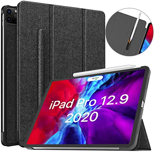 MoKo Case Fit iPad Pro 12.9 4th Generation 2020 & 2018 with Elastic Pencil Holder, [Support Apple Pencil 2 Charging] Slim Lightweight Smart Shell Stand Cover 12.9 iPad Case, Auto Wake/Sleep - Black