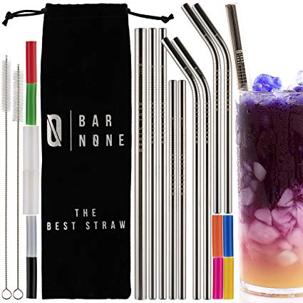 Bar None Best Straws Set of 10 | 8.5 & 10.5" Long Wide Stainless Steel Metal Drinking Straws Full Variety Reusable Straight & Curved Cleaning Brushes & Silicone Tips Straw Brush (Stainless Steel, 10)