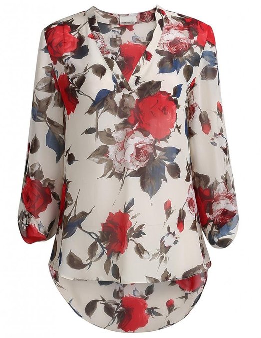 SheIn Womens Apricot Floral Printed V Neck High Low Hem Blouse