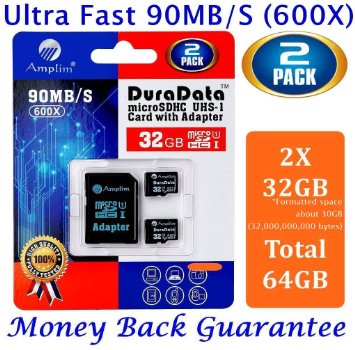 Two Amplim 32GB microSDHC Cards Plus Adapter Pack (Class 10 Micro SD Extreme Pro UHS-I microSD Memory). Ultra High Speed 32 GB SDHC UHS-1 TF Flash Adaptor Duo. 32G 90MB/s 600X hc class10 Performance