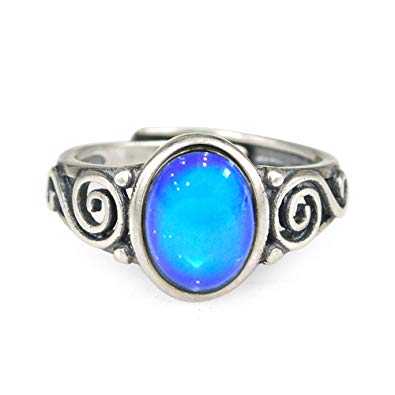 Fun Jewels Sterling Silver Multi Color Change Oval Stone Mood Ring with Intricate Design Size Adjustable