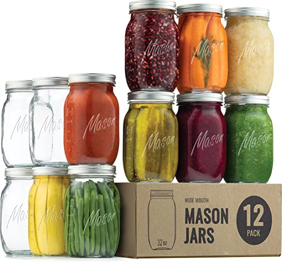 Paksh Novelty Mason Jars 32 oz - 12-Pack Wide Mouth Glass Jars with Lid & Seal Bands - Airtight Container for Pickling, Canning, Candles, Home Decor, Overnight Oats, Fruit Preserves, Jam or Jelly