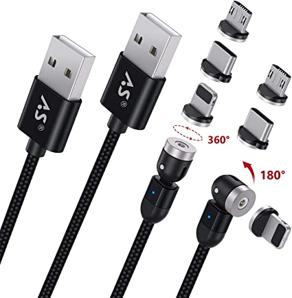 A.S 3 in 1 Magnetic Phone Charger Cable, 360° & 180° Rotation Magnetic Charging Cable, Compatible with Micro USB, Type C and iProduct 2 Pack (Black, 6ft 6ft)