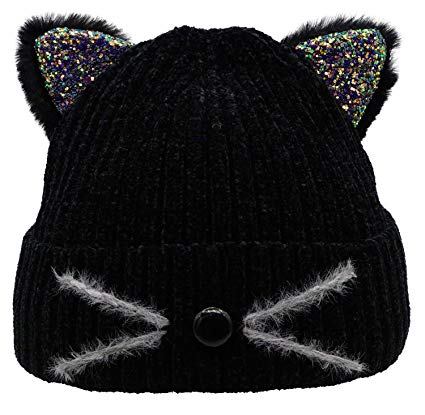 Bellady Mother Children Sequin Cat Ears Hats Warm Knit Crochet Beanies Cute Fashion Skull Cap