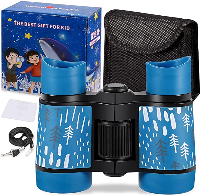 Kid Binoculars Shock Proof Toy Binoculars Set - Bird Watching - Educational Learning - Presents for Kids - Children Gifts - Boys and Girls - Outdoor Play - Hunting - Hiking - Camping Gear（Blue）
