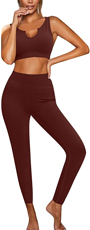 Mayround Ribbed Workout Sets For Women's 2 Piece Sports Bra Seamless High Waisted Leggings Yoga Gym Outfits Sets