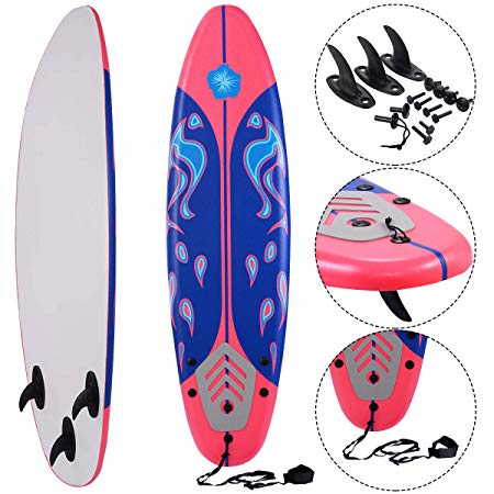 Giantex 6' Surfboard Surfing Surf Beach Ocean Body Foamie Board with Removable Fins, Great Beginner Board for Kids, Adults and Children