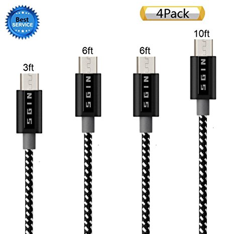 SGIN Micro USB Cable,4Pack 3FT 6FT 6FT 10FT Nylon Braided Charging Cord - Extra Long USB 2.0 Sync and Charge for Android Devices, Samsung Galaxy, Sony, Motorola Nokia,and More(Black White)