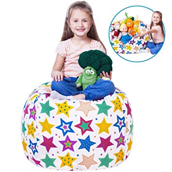 Stuffed Animal Storage Bean Bag - Large Beanbag Chairs for Kids - 90+ Plush Toys Holder and Organizer for Boys and Girls - 100% Cotton Canvas Cover - Multicolor - Parchwork Stars