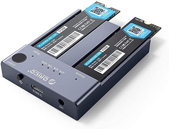 ORICO Dual-Bay USB C to NVME SSD Enclosure Aluminum M.2 Docking Station Offline Clone Duplicator for PCIe M-Key SSDs max to 4TB with 5V/4A Power Adapter and Tool Free