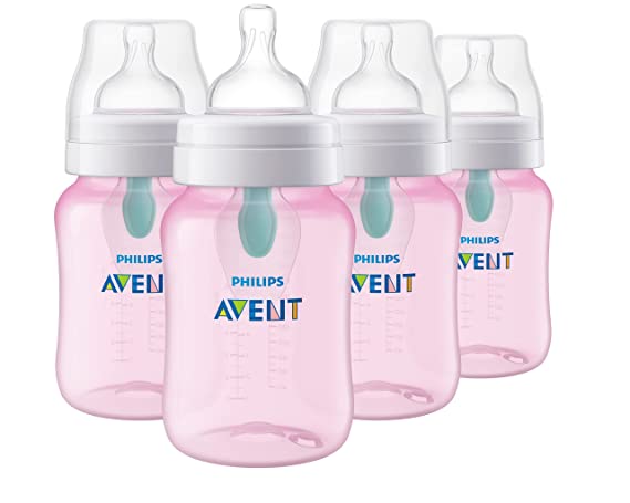 Philips AVENT Anti-Colic Baby Bottles with AirFree Vent, 9oz, Pink, Pack of 4, SCY703/14