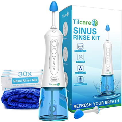 Sinus Rinse Kit by Tilcare - Perfect Nasal Rinse Machine for Sinus & Allergy Relief - Electric Neti Pot for Nasal Irrigation That Will Cleanse Your stuffy Nose - Comes with a Towel and 30 Salt Packs