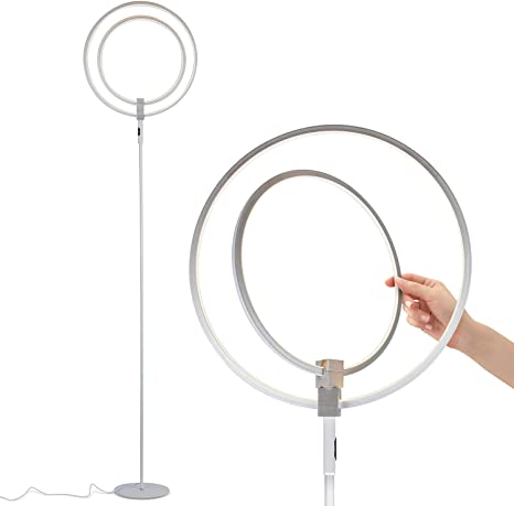 Brightech Eclipse LED Floor Lamp - Double Rings of Light Bring Sci-Fi Ambiance to Contemporary Spaces - Dimmable Bright Halo Tall Standing Modern Lamp for Living Room, Bedroom and Office – Silver