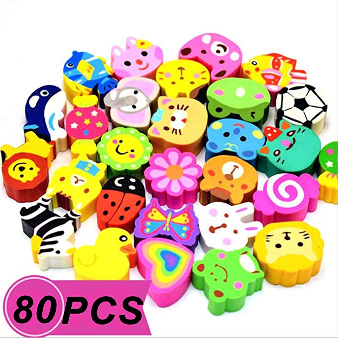 PRALB 80PCS Assorted Animals Collection Pencil Top Erasers, Adorable Animal Designs Won't Smudge Or Tear Paper,Eraser Caps Style Great for Homework, Party Favors, and Art Supplies.（2.5cm2cm1.2cm）
