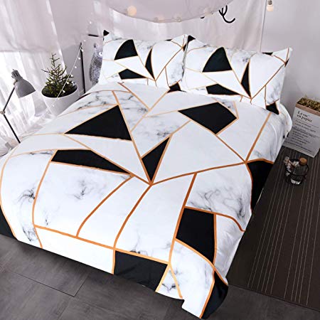 BlessLiving Marble Print Bedding White Black Geometric Marble Duvet Cover 3 Pieces Elegant Faux Rose Gold Bed Sets (Queen)