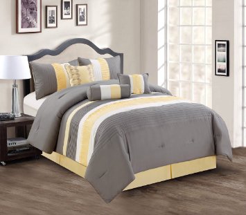 Modern 7 Piece Bedding Yellow / Grey / White Pin Tuck / Ruffle King Comforter Set with accent pillows