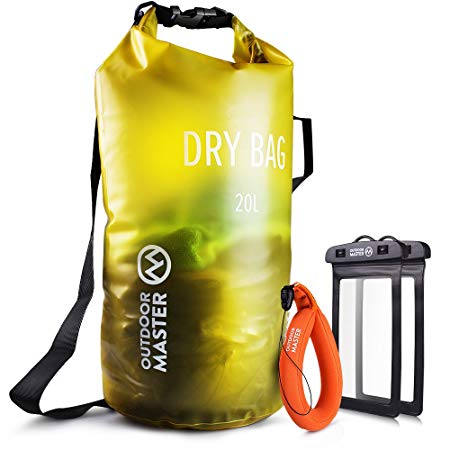 OutdoorMaster Dry Bag - Waterproof, Lightweight Dry Sack for the Beach, Boating, Fishing, Kayaking, Swimming, Rafting - Comes with 2 Free Waterproof Cell Phone Case with Floating Strap