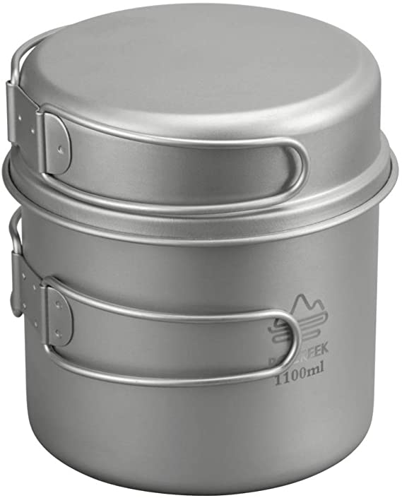 ROCREEK Titanium Backpacking Cookware 2-Piece Set 1100ml Pot with 350ml Pan for Camping Hiking Open Fire