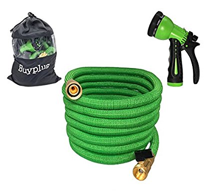 Improved 100 ft Expandable Garden Water Hose with 8 Pattern Spray Nozzle, on/off Brass Valve and Storage Bag by Buyplus(100FT, Green)