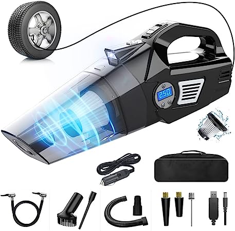 4-in-1 Handheld Vacuum Cleaner Cordless, Tire Inflator Air Compressor Pump Rechargeable Portable Vacuum For Car, Home, Office, 7000Pa DC 12V Vacuum Cleaner Car, Pet Hair Vacuum With USB Charging Cable