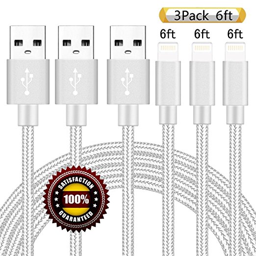 BULESK iPhone Cable 3Pack 6FT Nylon Braided Certified Lightning to USB iPhone Charger Cord for iPhone 7 Plus 6S 6 SE 5S 5C 5, iPad 2 3 4 Mini Air Pro, iPod Nano 7- Silver