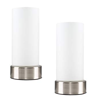 Pair of - Chrome Touch Bedside Table Lamps with White Glass Shades